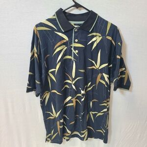 Bamboo Cay Mens Button Up Shirt L  Black w/ Banboo Leaves Hawaiian Short Sleeve